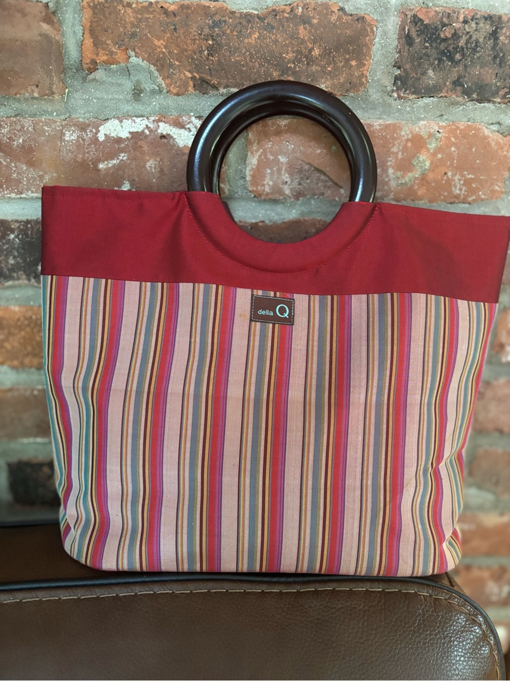 Vintage della Q Silk Stripe Tote Bag Wooden Ring Handles Knitting Project Bag